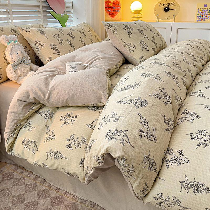 Class A Maternal And Infant Grade Bubble Cotton Bed Four-Piece Set Washed Cotton Bed Sheet Quilt Cover Bed Hat Student Dormitory 3Pcs Set