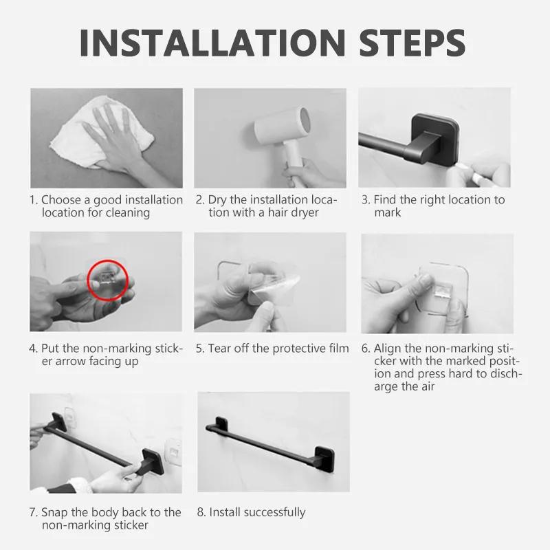 Deliksiz vantuzlu duvara monte havlu askısı, banyo depolama rafı, banyo yatay çubuk havlu askısı