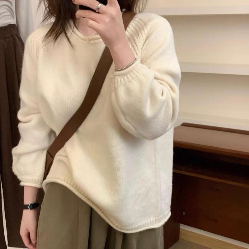 Autumn Women's Rolled-Cuff Solid-Color Korean-Style Minimalist Pullover Sweater Loose Lazy Style Retro Knit Top