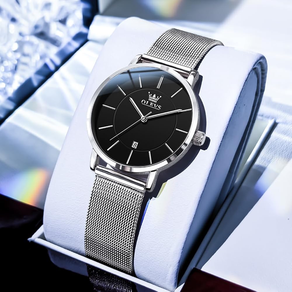 OLEVS Women's Minimalist Casual Watch Leather Band Waterproof Slim Analog Quartz with Date Calendar Silver Black Mesh Strap