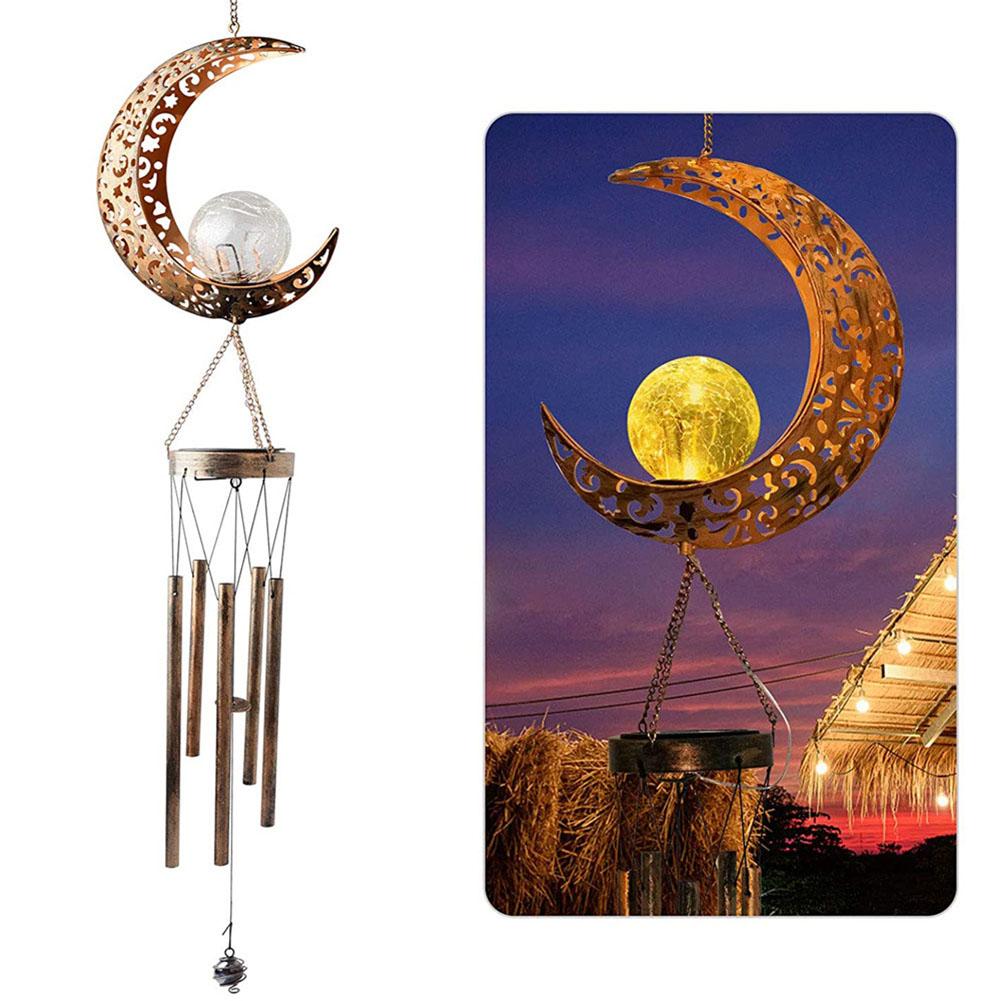 Solar Moon Wind Chimes Outdoor Hanging Decoration with Crackle Glass Ball Moon Wind Bells Light Decorative Party Favors