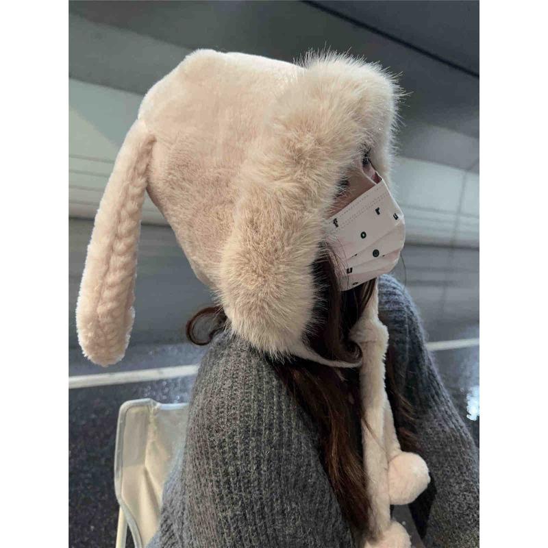 Korean Style Sweet and Cute Autumn and Winter Long Ear Rabbit Hooded Hat To Prevent Cold Student Girls Warm Ear Protecting Hat To Show Small Face