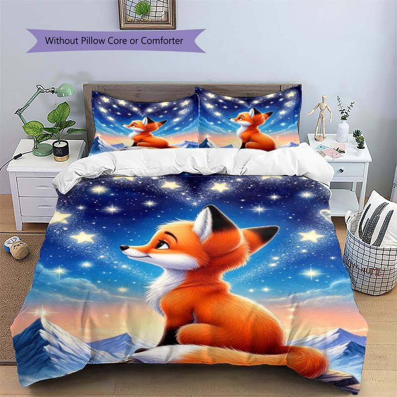 Cute Red Fox Starry Sky Mountain Print 3 Pieces Duvet Cover Set Wildlife Animal Bedding Bedroom Home Decor Without Pillow Core Comforter