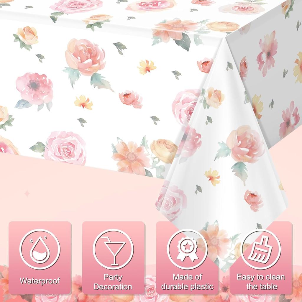 3 Pcs Spring Floral Tablecloth, Pink Wildflower Plastic Disposable Tablecloth Rectangle Table Covers for Easter, Birthday, Wedding, Baby Shower, Tea