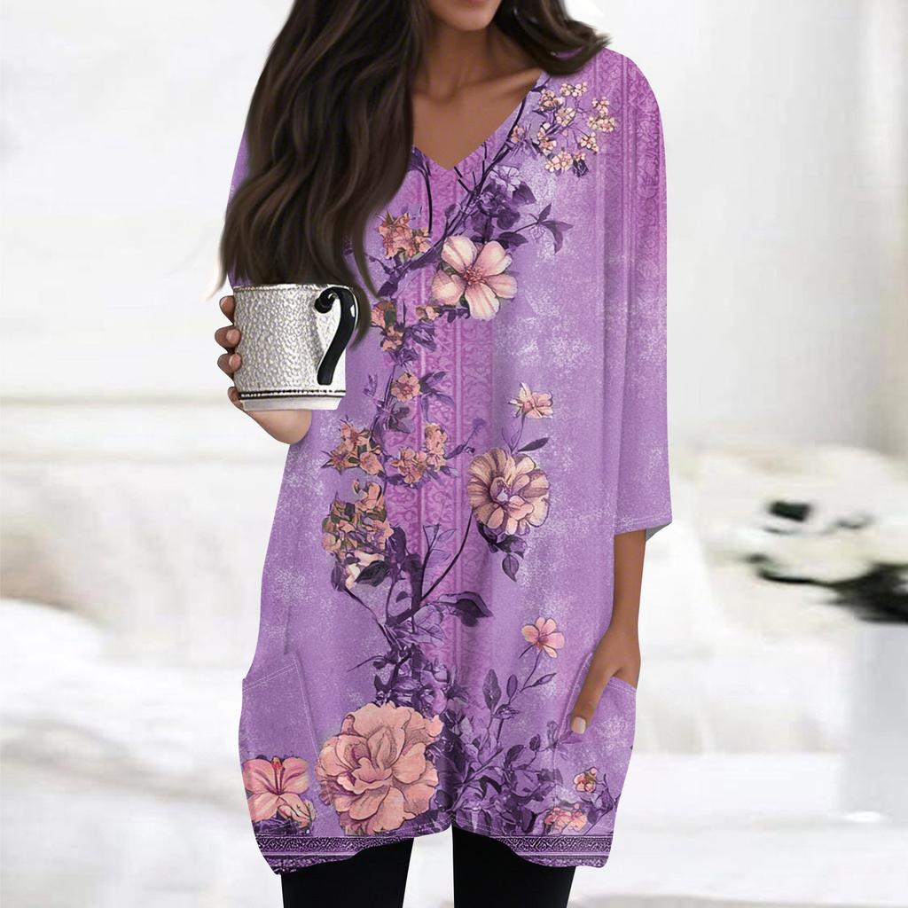 Kadın Günlük V Yaka 3/4 Kol Vintage Çiçek Desenli Üst