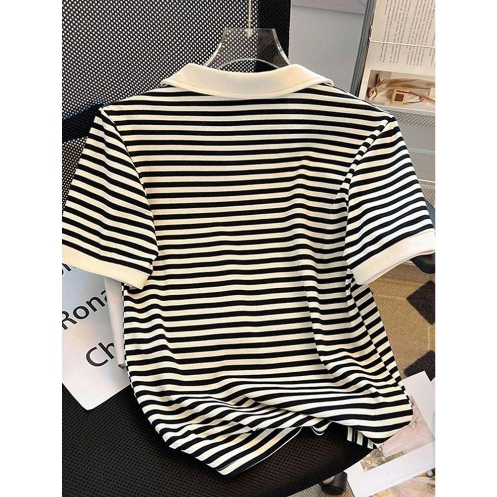 T-shirt a maniche corte con colletto a righe da donna, Nuova versione coreana estiva ampia, Camicia da donna versatile snellente come top