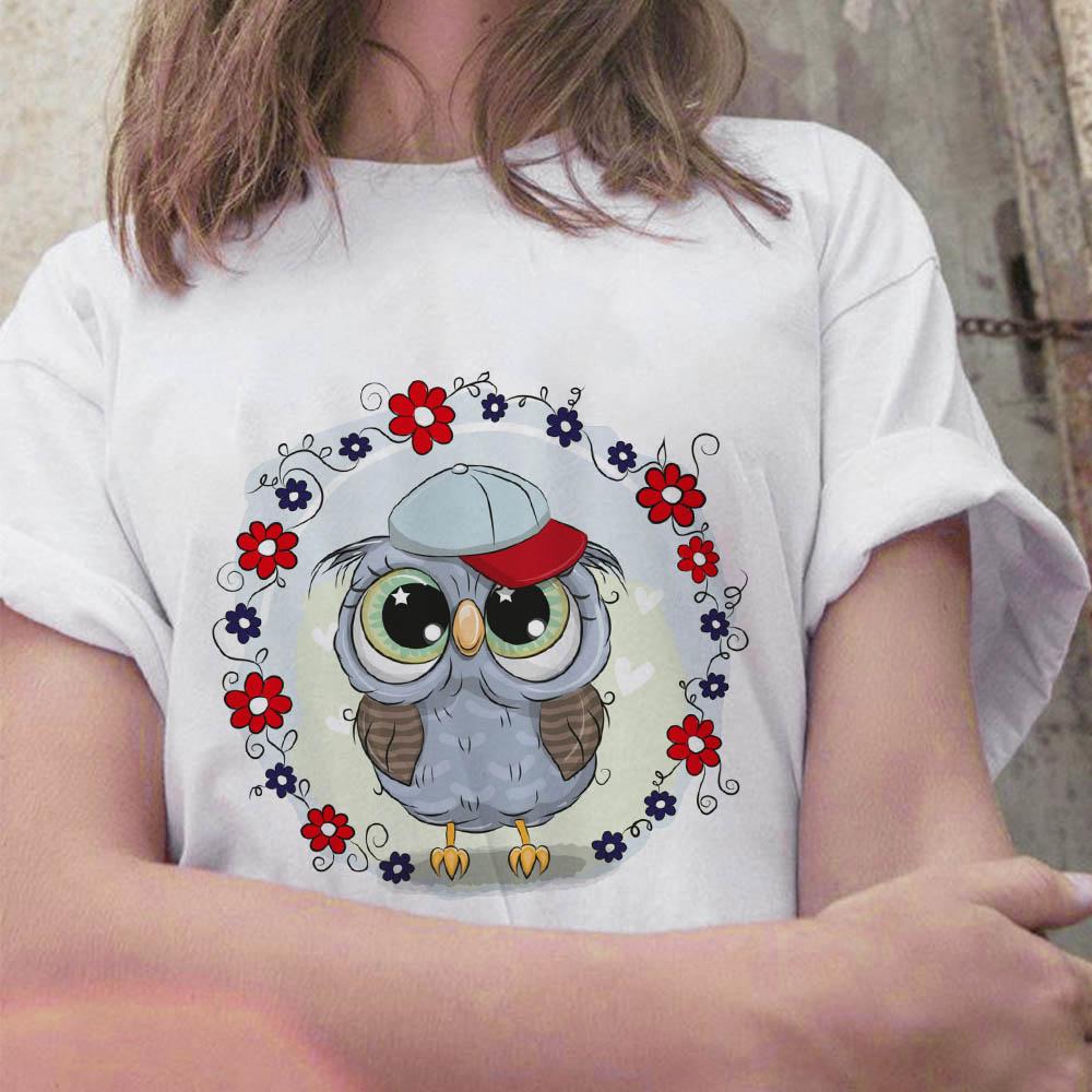 Summer 2025 New Tops Trend Cute Owl Print Ladies T-Shirt Casual Basics Round Neck White Short Sleeve Ladies Tshirt