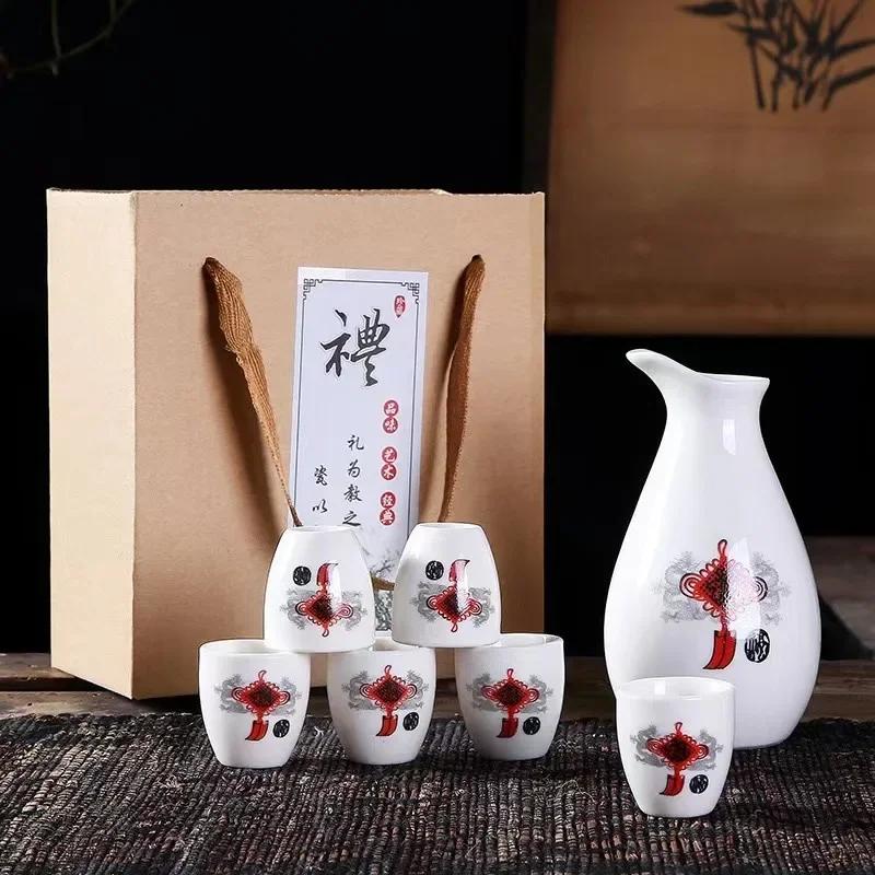 7Pcs/set Ceramics Japanese Style Sake Pot Cups Home Kitchen Drinkware Traditional Ceramic Cups Crafts Wine Glasses Gift Box