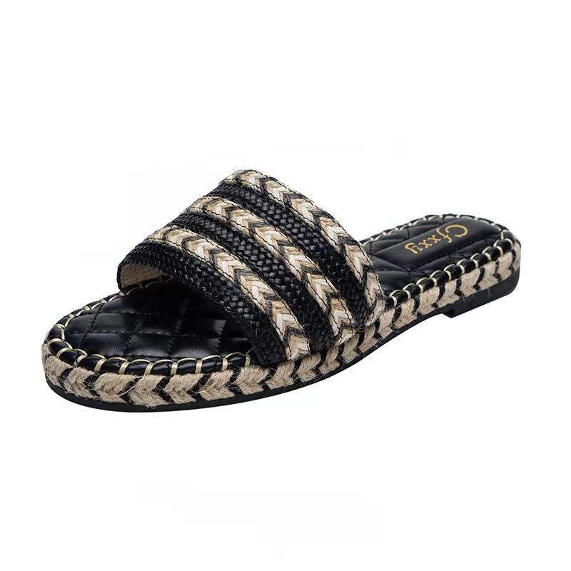 

Модные полосатые плетеные из пеньки тапочки с толстым дном, классные тапочки, большие размеры, удобные плетеные из травы тапочки с плоским дном для женщин 36 чёрный