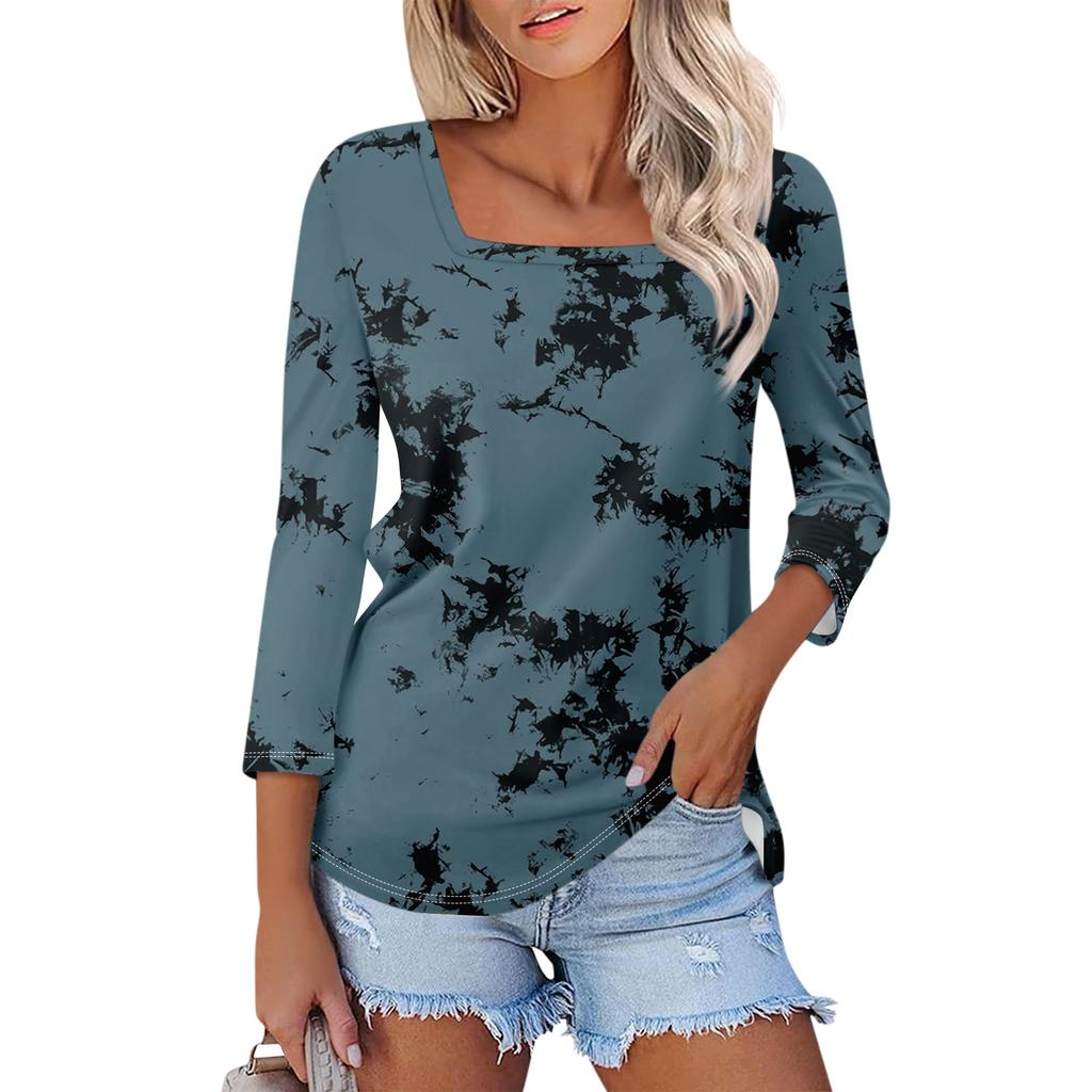Women's 3/4 Sleeve Square Neck Floral Shirt Casual Loose Tunic Top