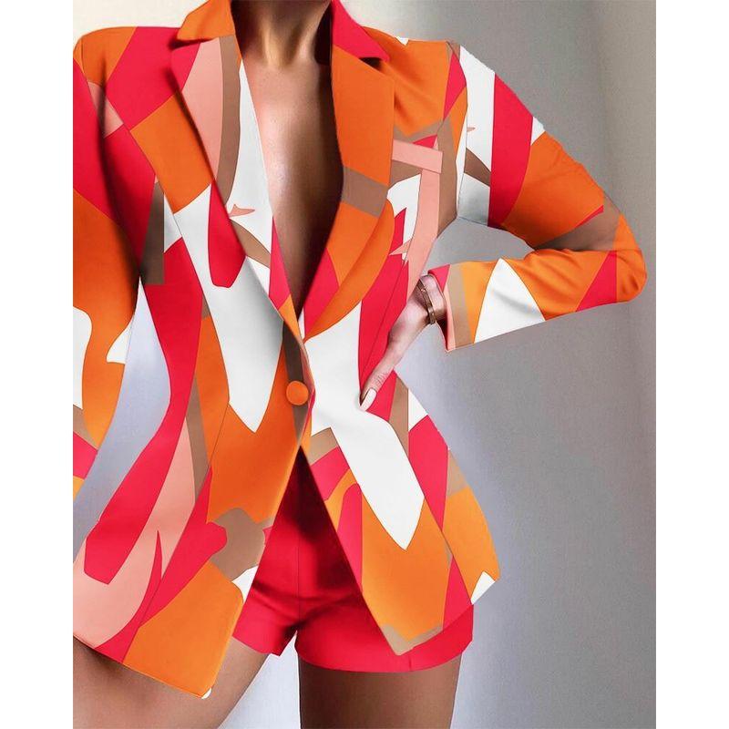 European and American Women's Clothing Fashion Suit Print Shorts Suit Long Sleeve Printed Shorts Suit