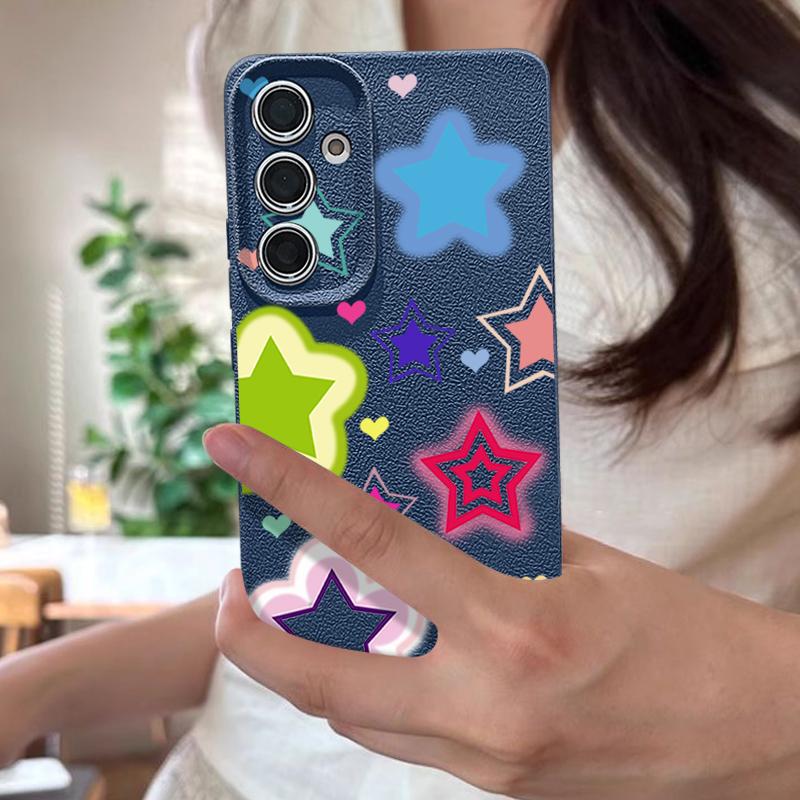 Blended Colorful Stars Pattern Case For Samsung Galaxy S26 Ultra S25 Edge S24 S23 S22 Plus S21 FE Leather Texture Silicone Cover