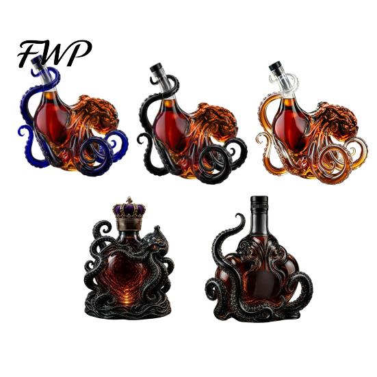 Octopus Wine Bottle 3D Whiskey Decanter, Nautical Art Collectible Bottle, 350ml Glass Unique Design Decorative Liquor Home Bar Decanter for