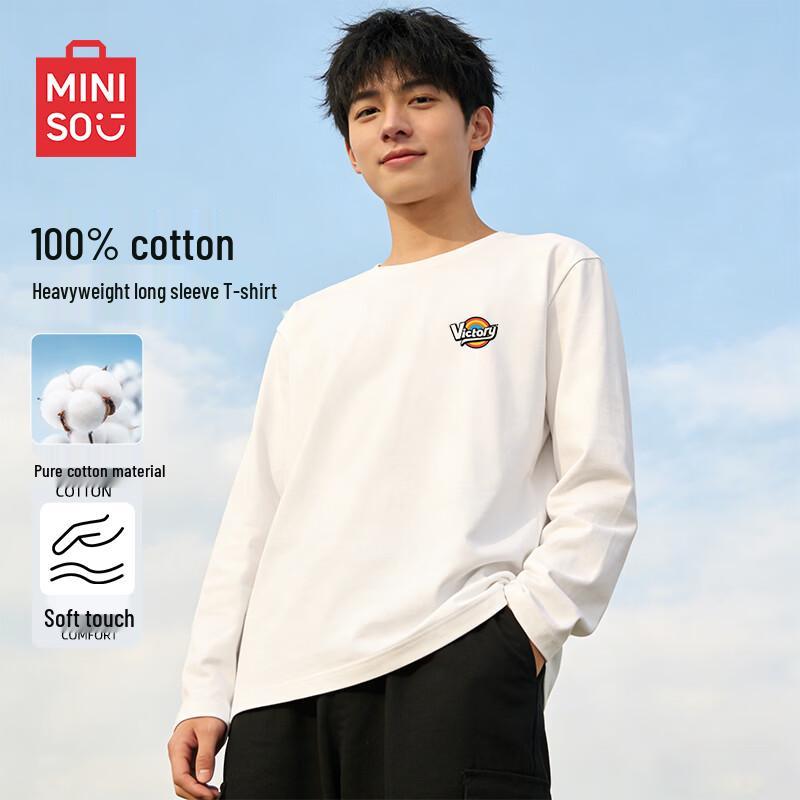 MINISO Men s Pure Cotton Heavyweight Long Sleeve T-Shirt with Burning Glory Chest Logo 4XL