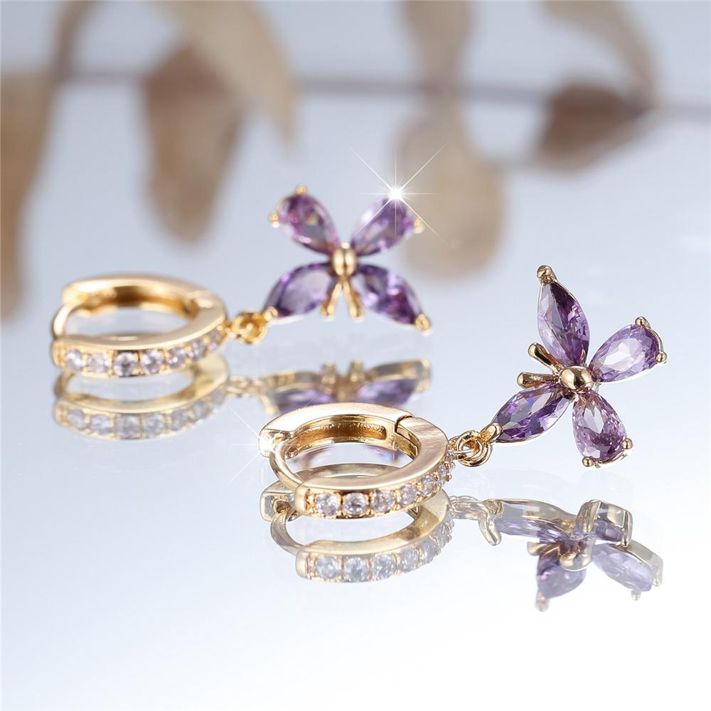 Fashion Crystal Purple Zircon Butterfly Dangle Earrings for Women Vintage Gold Color Wedding Jewelry