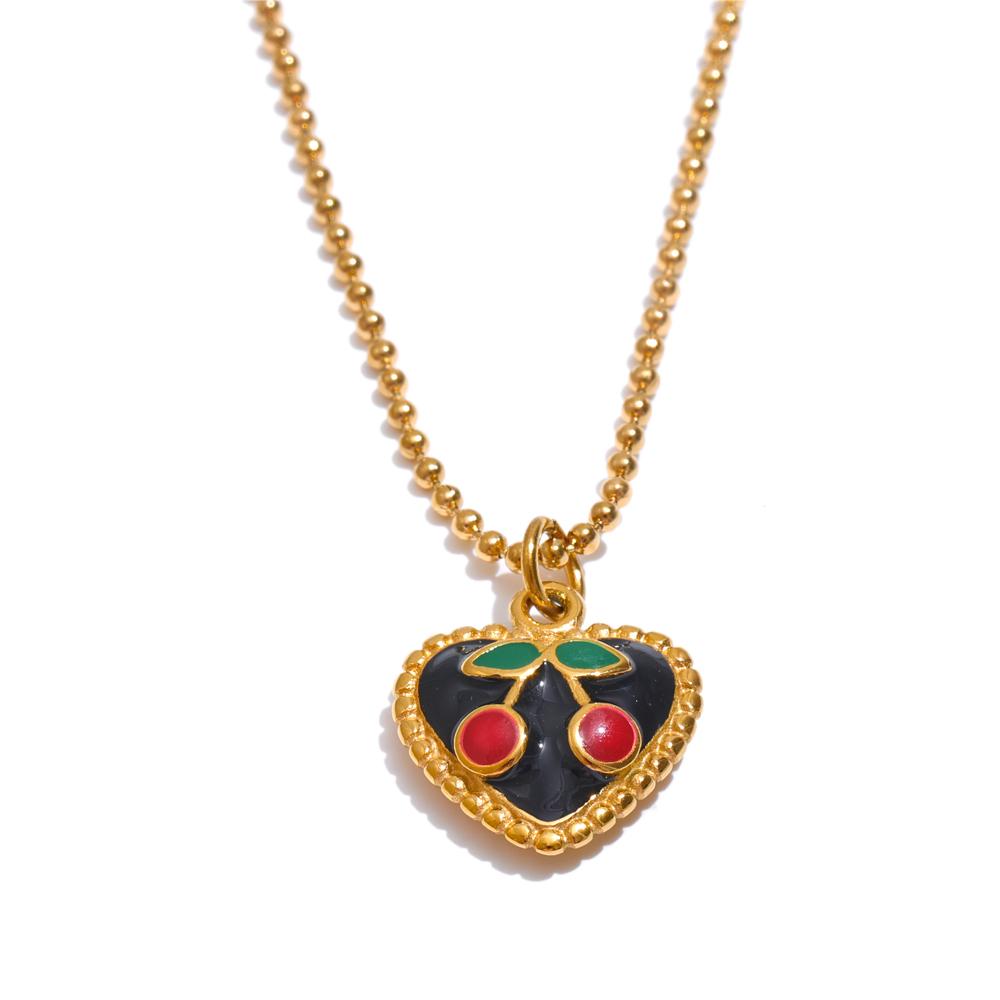 

Yhpup Exclusive Fashion Black Enamel Cherry Heart Pendant Necklace for Women Stainless Steel Trendy Collar Jewelry Bijoux Femme