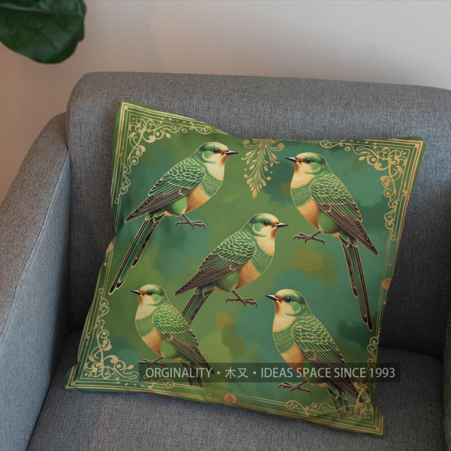 2D Green Birds And Gold Leaves Pattern Pillow Cover Pattern Cushion Cover Suitable For Sofa Bedroom Car Pillow Cover