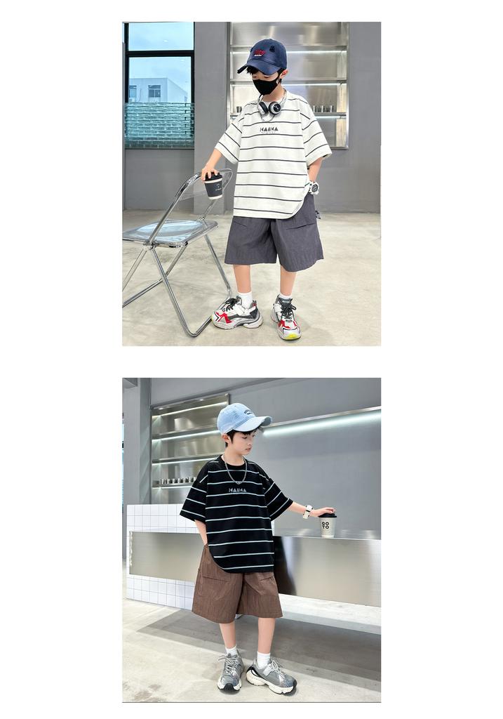 Boys' Summer Outfit Set 2026 New Item, Mid Size Children's Summer Boys' Thin Short Sleeved Children's Sports Striped Top, Trendy