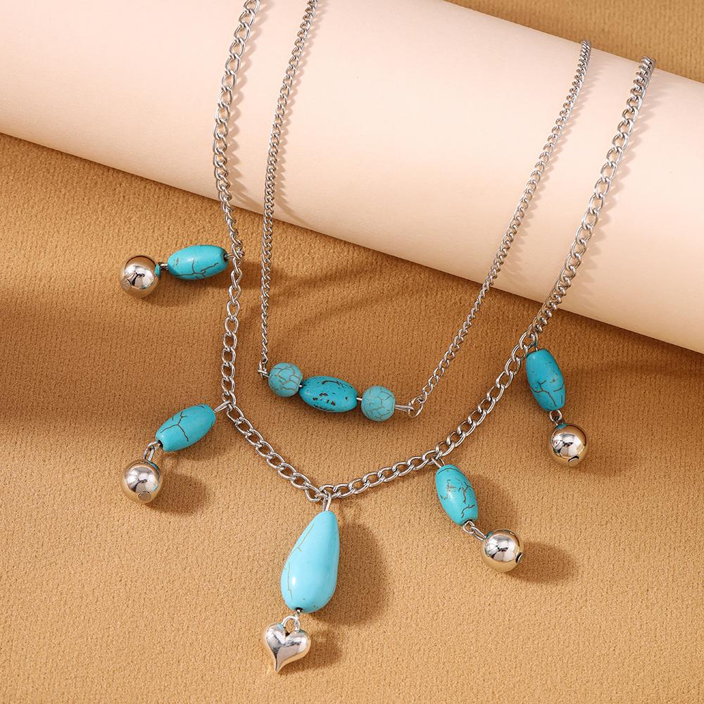 2pcs Vintage Turquoise Necklaces for Women Girls Multi-layer Water Drop Pendant Necklace Bohemia Jewelry Gifts