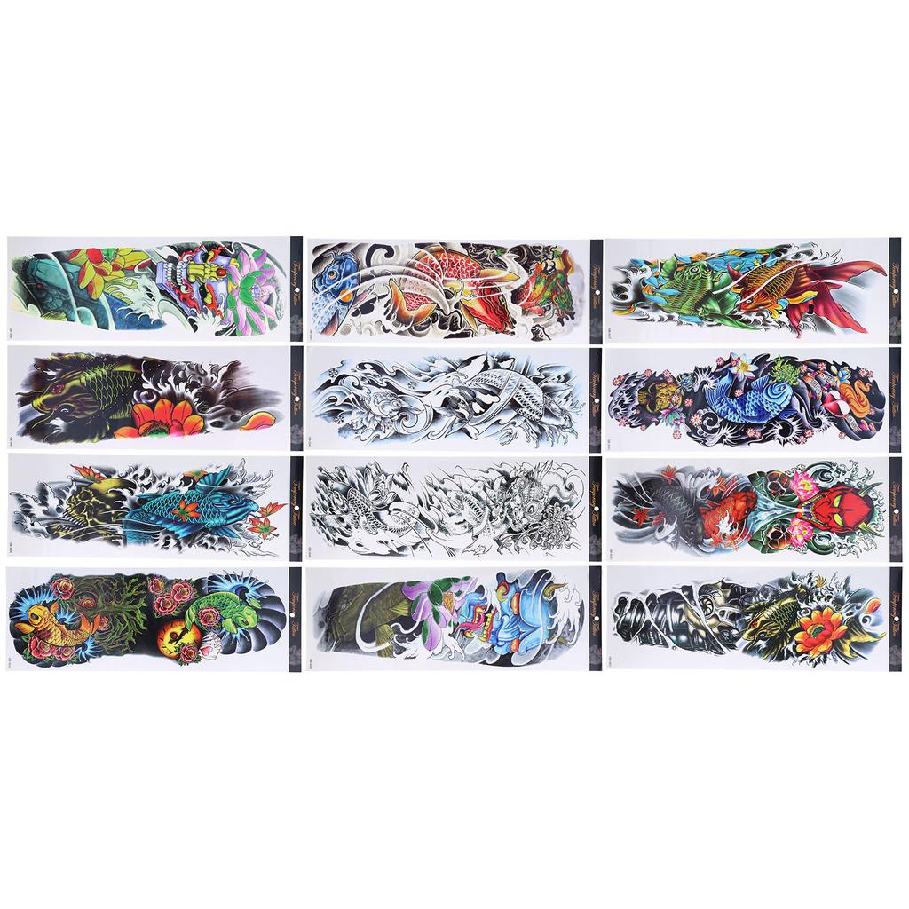 12pcs Fake Tattoo Sticker Temporary Waterproof Sweatproof Unisex Full Arm Tattoos Stickers