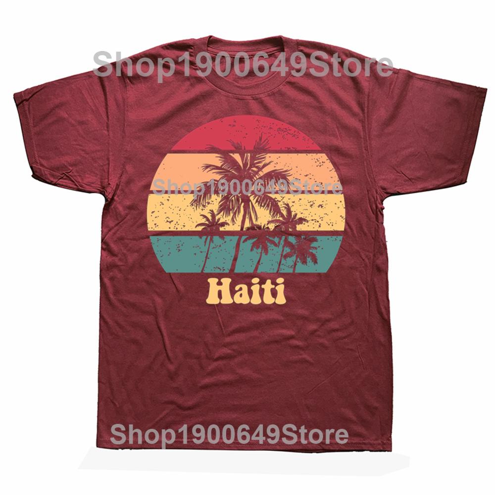 Funny Haiti Retro Sunset Proud Haitian T Shirts Cotton Streetwear Gifts Mens Clothing Fashion Casual Loose Oversized T Shirt