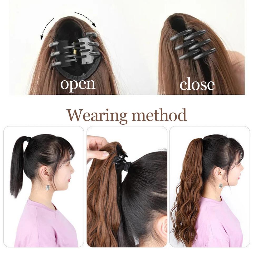 Extension de Cheveux Synthétiques Longs Lisses à Pince Queue de Cheval 22 Pouces Noir Mèches Bleues Grises Postiche Queue de Cheval Perruque Pour Femmes