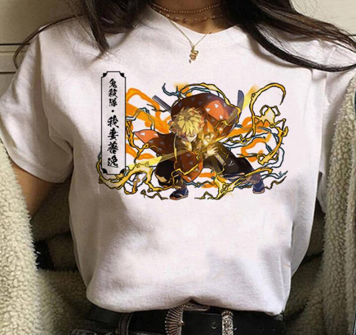 Kawaii Casual Anime Demon Slayer Kimetsu No Yaiba Graphics Female T-Shirt Summer Loose Blouse White Tees O-Neck Women Goth Tops