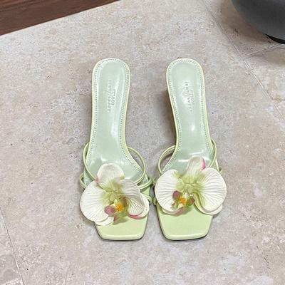 Fashion 2025 New Fashion Flower Women Thin Heels Pumps Shoes Luxury Female Slip On Footwear Square Toe Ladies High Heels Shoes Slides
