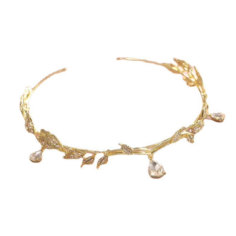Korean-Style Baroque Rhinestone Leaf Crown Tiara with Water Drop Pendant