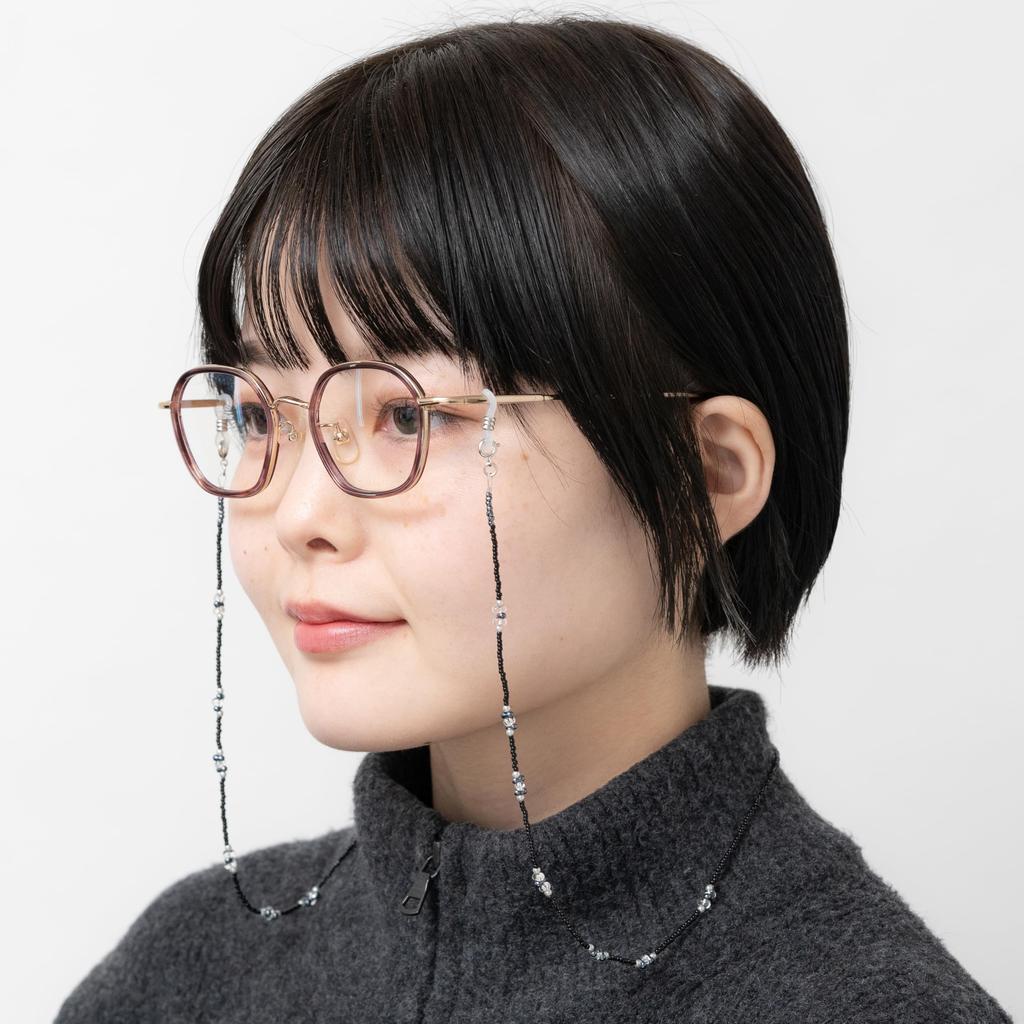meigan Eyeglass Made in Chain, Stylish, Women's, Silver, Pearl-Like Beads, Lightweight, Japan, Black, 9403-03