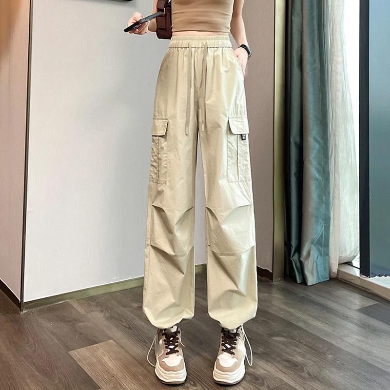 Fashion Women Joggers Pants Casual Chic Straight Cargo Pants Elastic High Waist Streetwear Slim Trousers Summer Thin