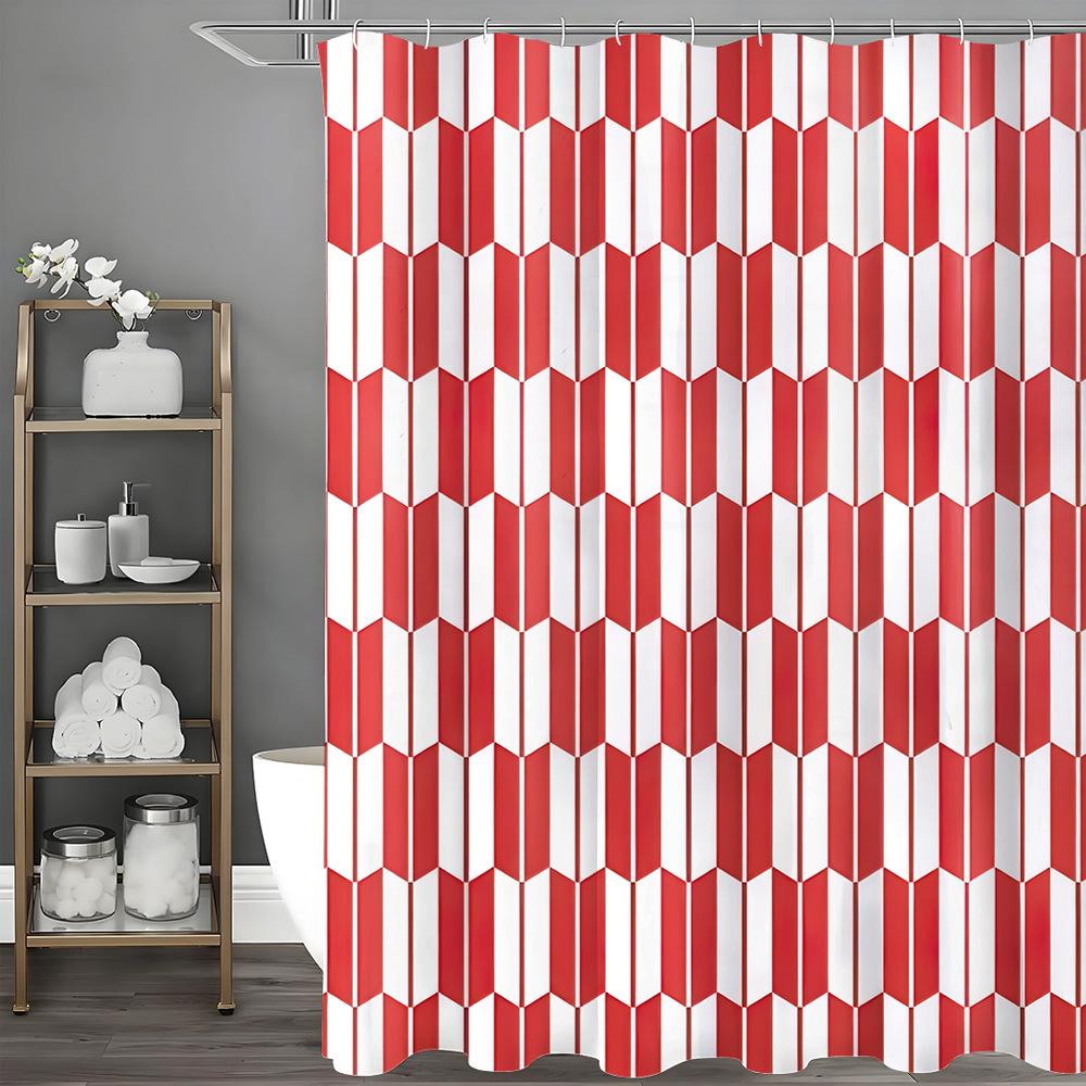 Red and White Blocks Shower Curtain Washable Dirt-Resistant Shower Head Waterproof Polyester Bath Curtain For Home Decor