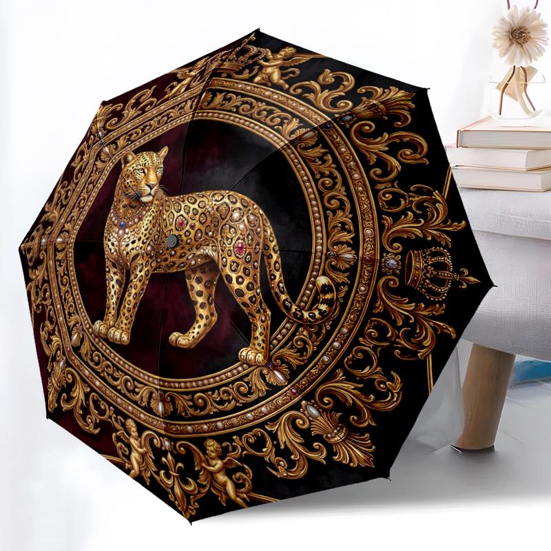 1pc Sturdy 8-Bone Auto Umbrella, Golden Ornate Lion Umbrella, Digital Printed, Foldable Umbrella for On-the-Go Outdoor Use