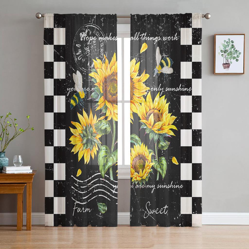 Bee Honey Chrysanthemum Flower Yellow Sheer Drapes for Living Room Decoration Window Curtains Kitchen Curtains