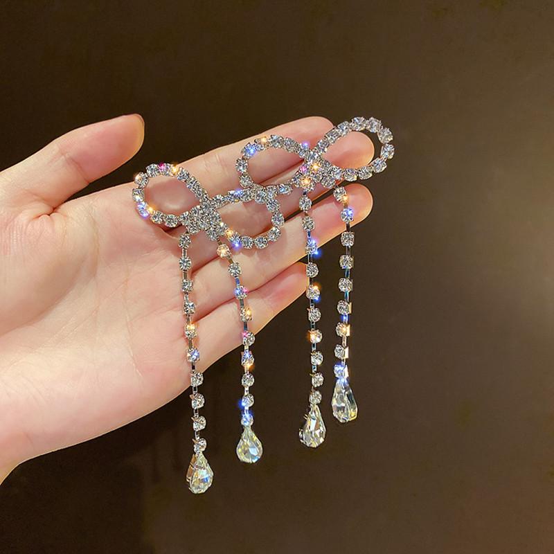 Big Bowknot Crystal Drop Earrings for Women Geometric Long Tassel Rhinestone Earrings Statement Zircon