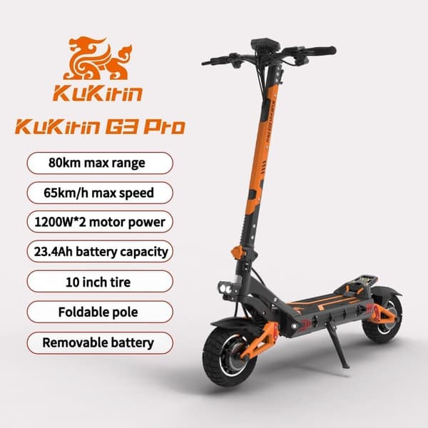 KuKirin Trottinette électrique tout-terrain pour adultes G3 Pro, double moteur 1200W 52V 23.2Ah , autonomie 80km, vitesse maximale 65km/h,