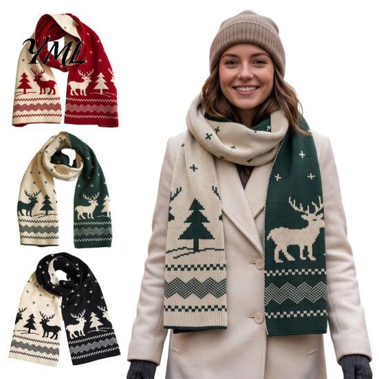 Thick Polyester Scarf for Autumn Winter Knitted Women, Reversible Fair Isle Snowflake Reindeer Outdoor Neck Wrap Scarf, Soft Warm Long Christmas