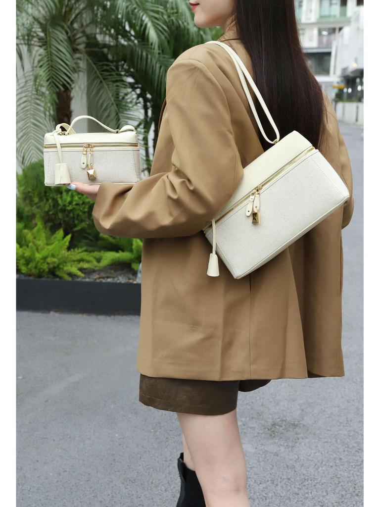 2025 Women's Genuine Leather and Canvas Handbag - Fashionable and Simple Lunch Box Bag