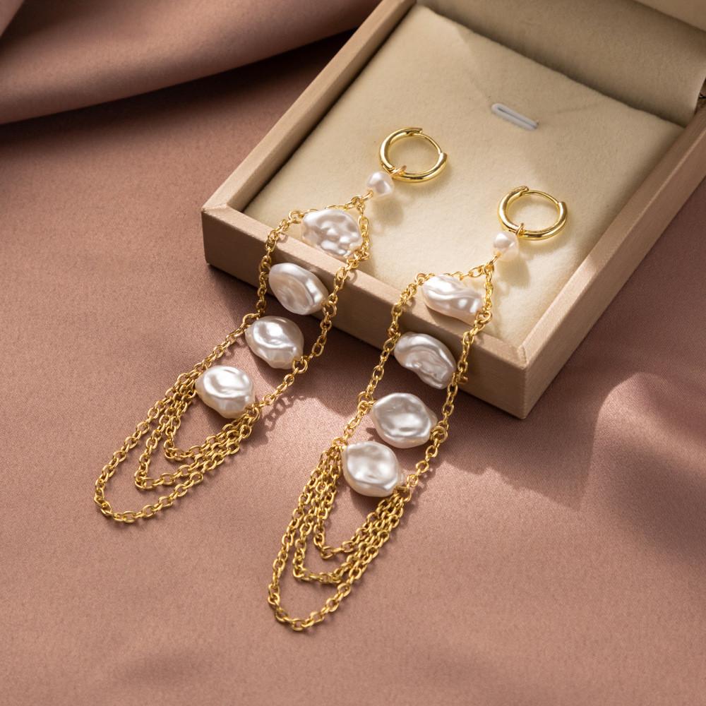 White Chic Geometric Pearl Earrings With Chain Tassels For 2023 Women