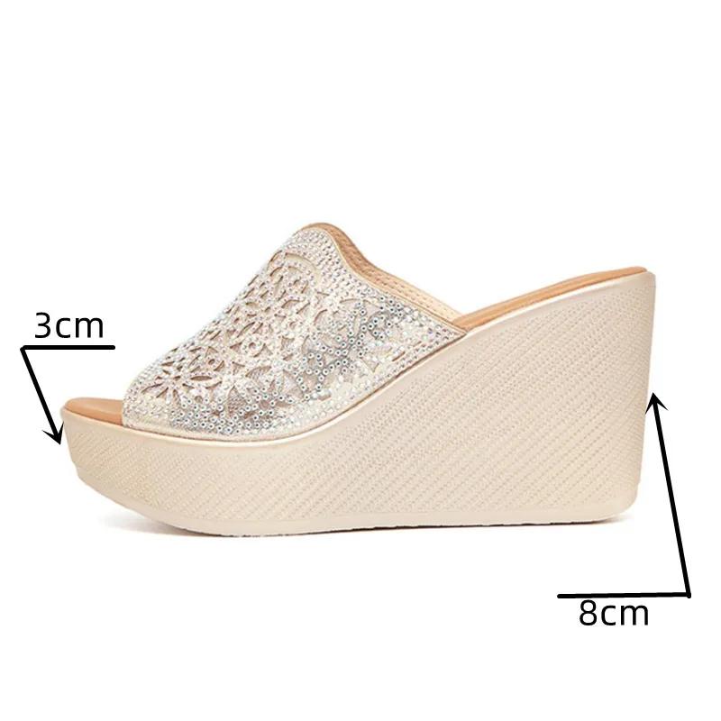 Qiannml Quality Women's Slippers Platform Shoes Summer 2025 Rhinestone Slippers Ladies Wedge Heels Slides Women Silver 32 33 43