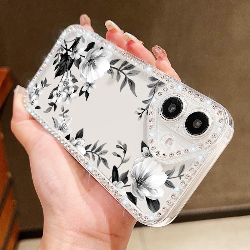 Sakura Floral Print Diamond Frame Clear Case For iPhone 16E 16 15 Pro Max 14 Pro 13 12 11 Anti-Fall Soft Silicone Shockproof Phone Cover