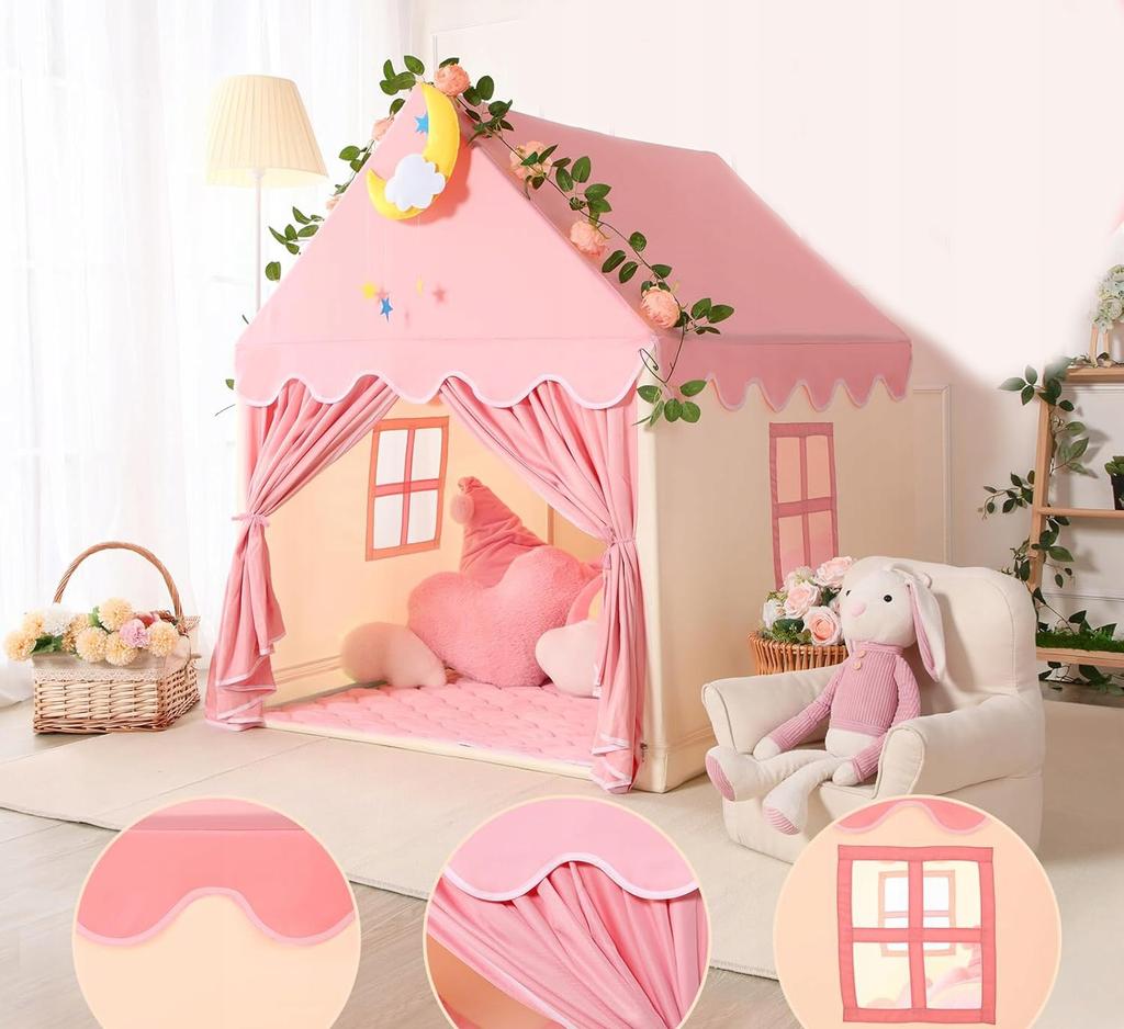 Children's Tent House Castle Palace For Room Garden House + Pink LED Lights