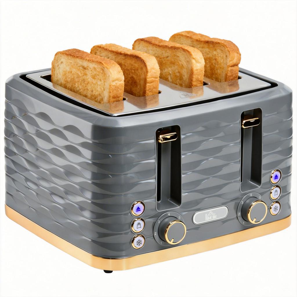 Toaster for 4 Slices with 7 Browning Levels, High-Lift, Reheat/Defrost/Cancel Function, Grey Wave Design