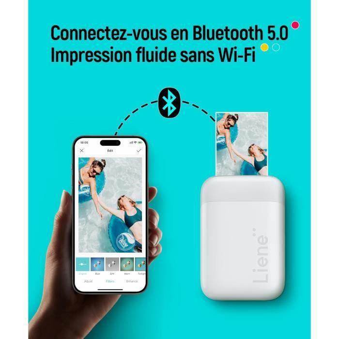 Imprimante Photo Portable - LIENE - 2x3'' - Bluetooth 5.0 - Blanc - 5 Papiers Adhésifs Inclus