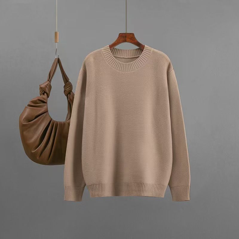 

Fashion Style Fall and Winter New Fashion Casual Pure Color Loose round Neck Knitting Sweater Loose Knit Sweater Khaki One size