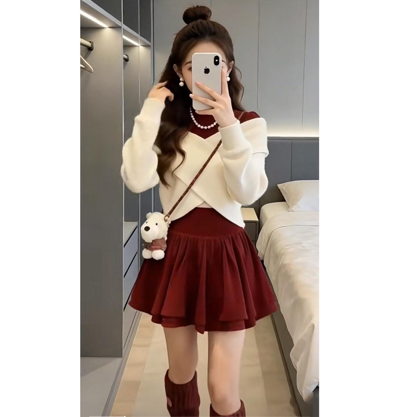Women s Early Spring High-End Knit Sweater & High-Waisted Slimming Dress Set M (95-105 lbs)