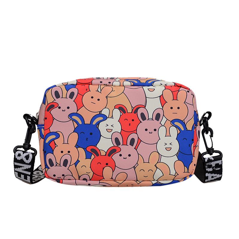 Fashion Cartoon Bunny Print Crossbody Bag with Wide Printed Strap, Casual Nylon Shoulder Purse for Daily Teens Use Wallets