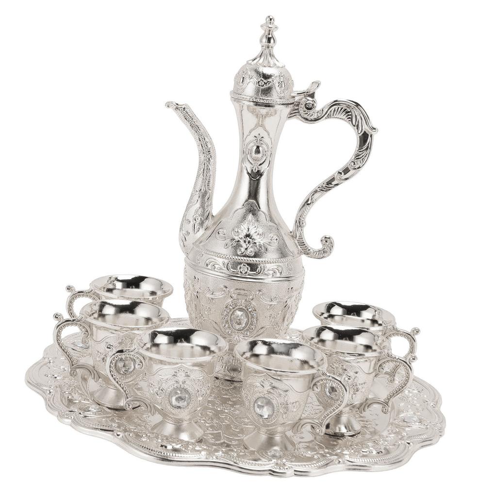 Alloy Wine Glass Pot Set Rustproof Exquisite Decorative Vintage Coffee Pot Set for Tea Home Party Wedding Silver White