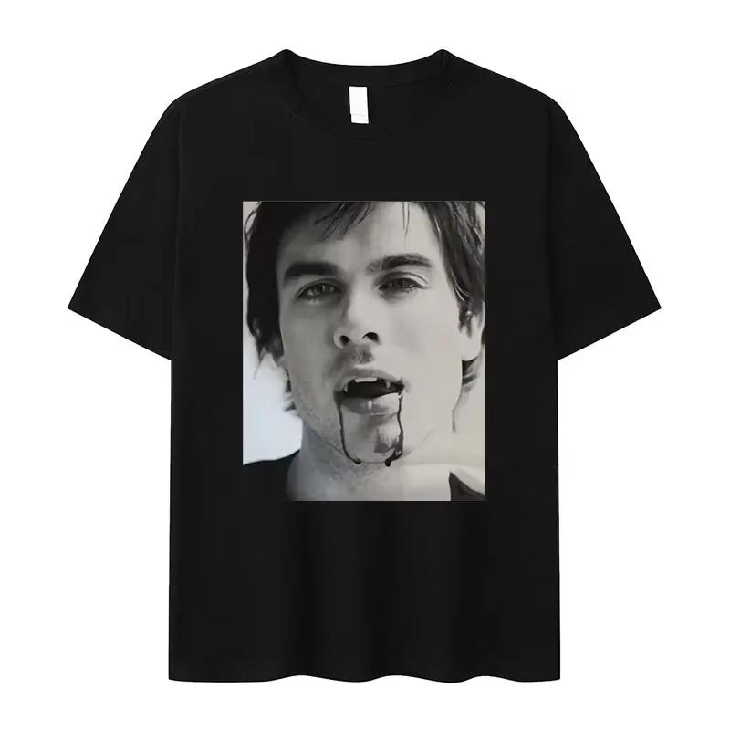 Damon Salvatore IanSomerhalder TV Drama Pattern Tshirt for Men Women Retro Gothic Fashion Oversized Shirt Short Sleeve Casual Clothing