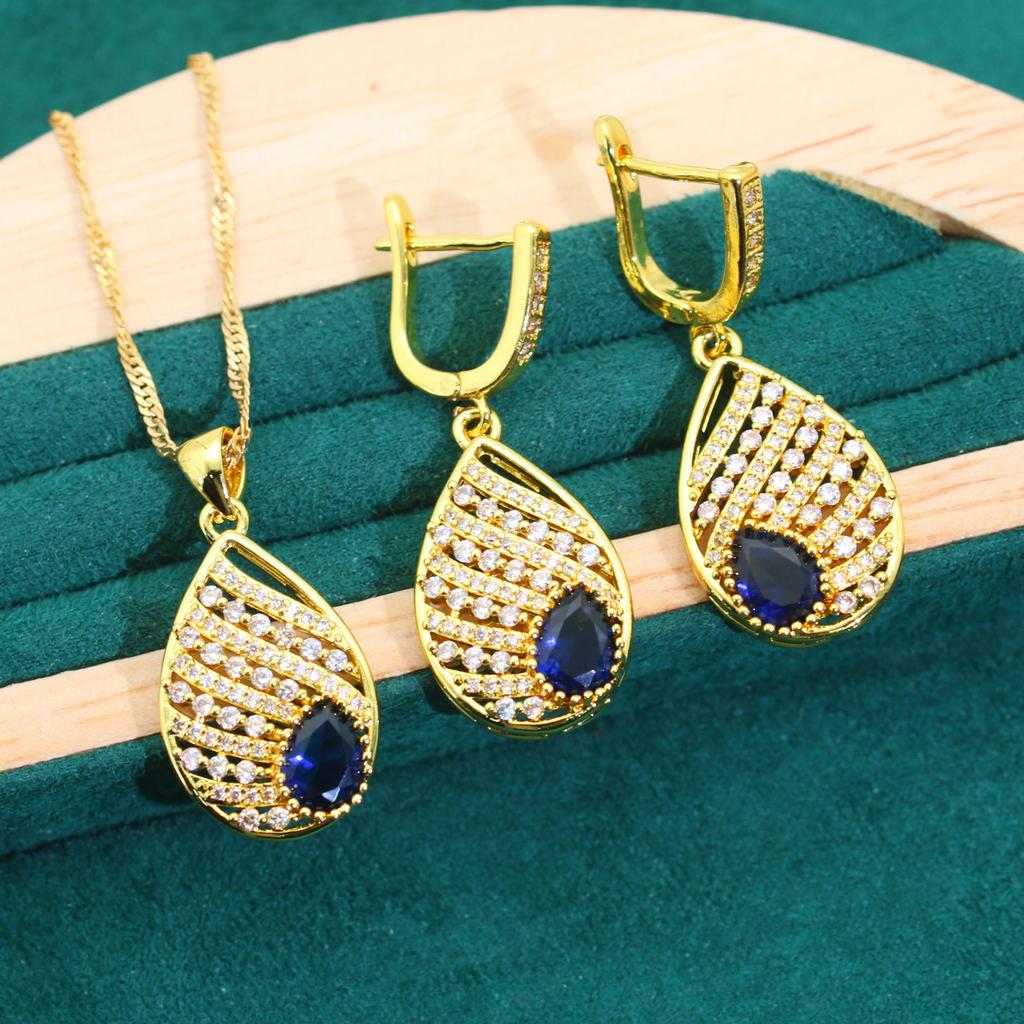 European and N Gold Inlaid Blue Crystal Earrings Atmosphere Fashion Party Wedding Lady Wedding Jewelry Set Sapphire